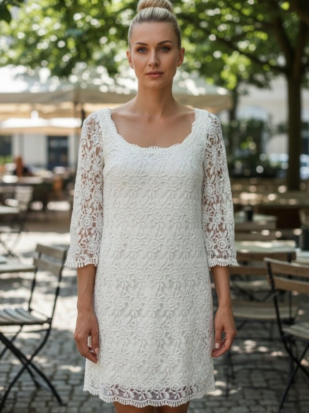 WHBM White Lace Dress Size 6 Floral Crochet Knee Length Wedding Guest Boho Elega